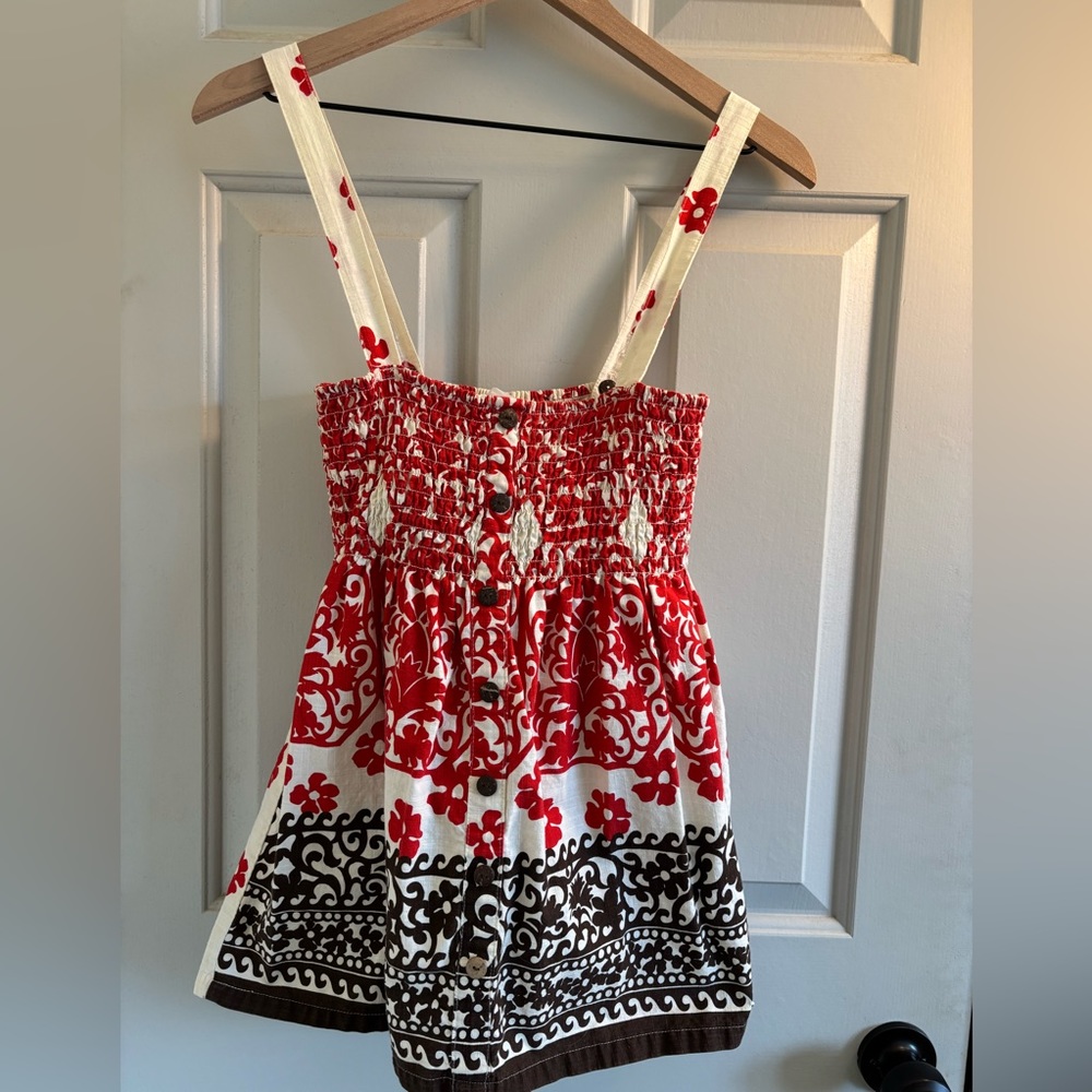 Roxy red and brown floral boho tank smocked adjustable straps linen feel sz M